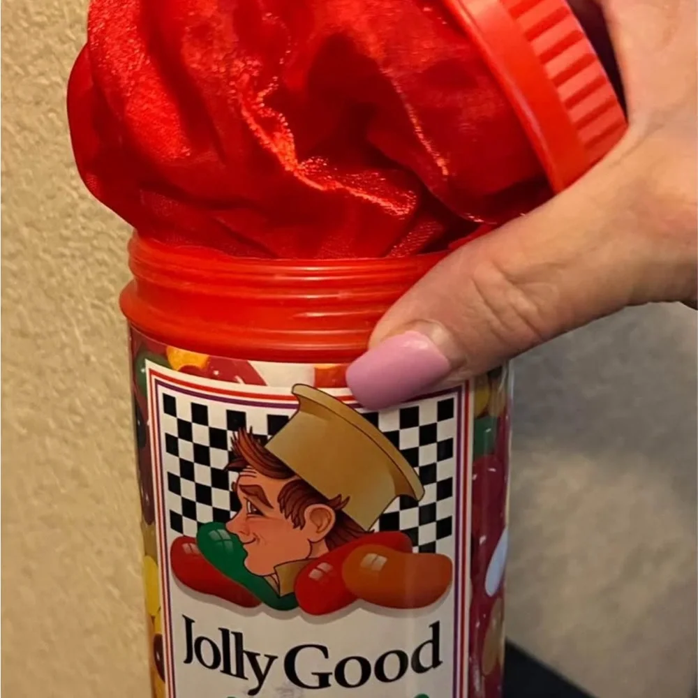 Gag Gift Jolly Good Jelly Beans Tin with Red and Green Fabric Pop Out Snakes